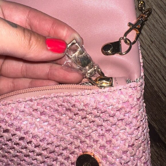 Bamboo Woven Pink Rectangle Fold Over Crossbody Bag - Picture 8 of 13